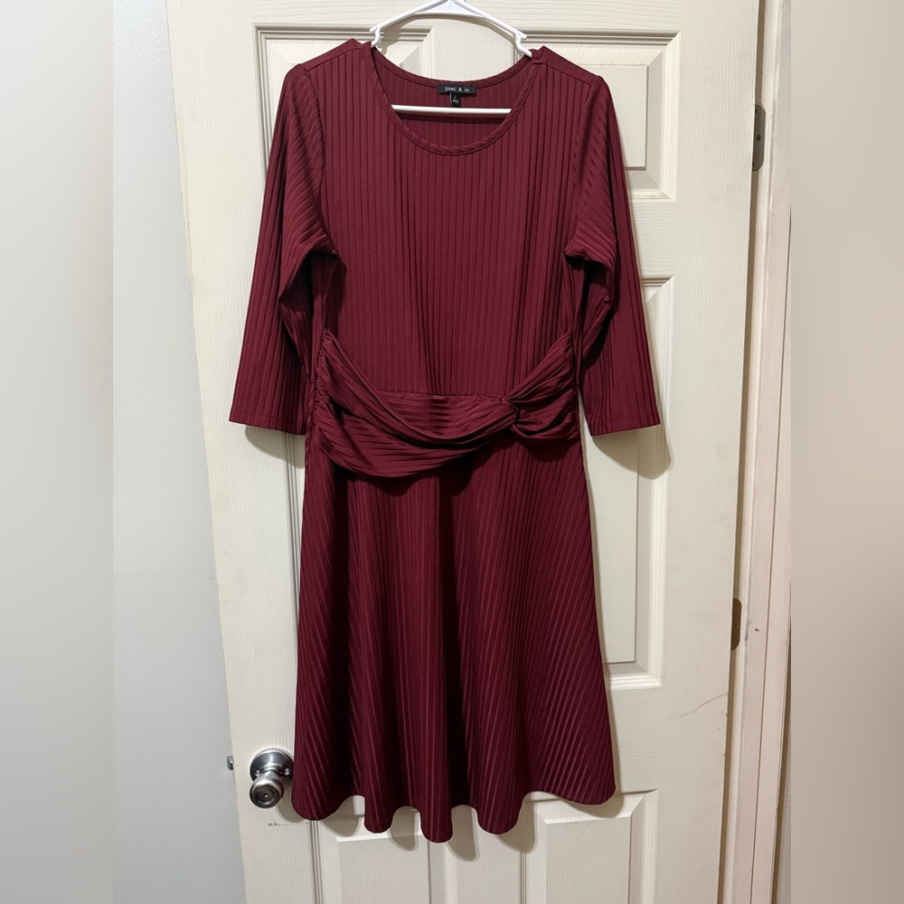 Macy's Burgundy Ribbed Knit A-Line Dress with Twist Waist